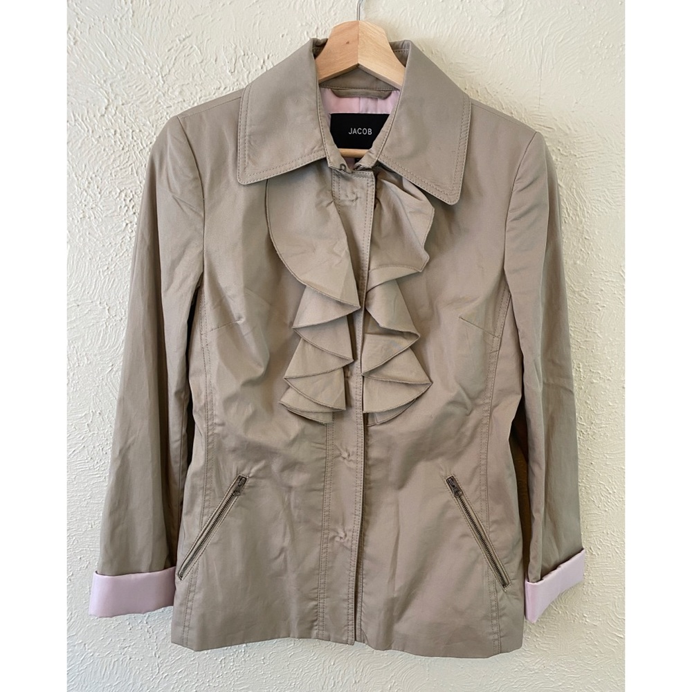 Jacob Khaki Ruffle Front Lightweight Trench Coat Small